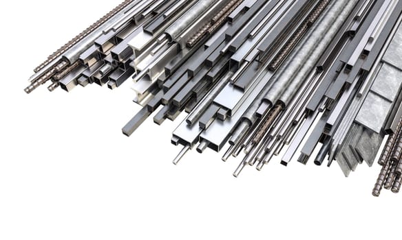 A wide selection of assorted metal construction materials isolated on white. 3d render
