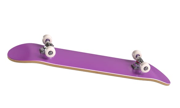 A vivid purple skateboard with white wheels on a white background, 3d render