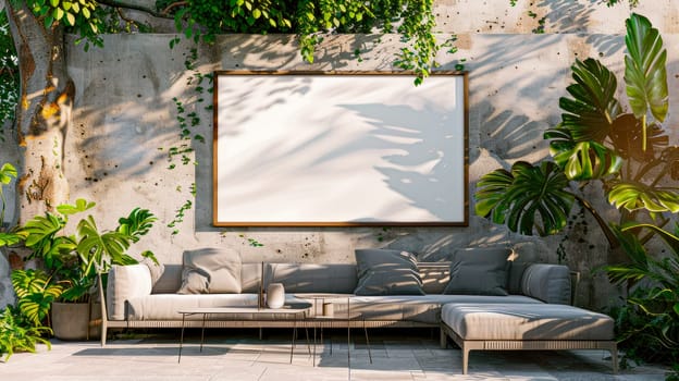 Terrace with bench sofa and a blank poster frame on a wall. Lounge area. AI generated