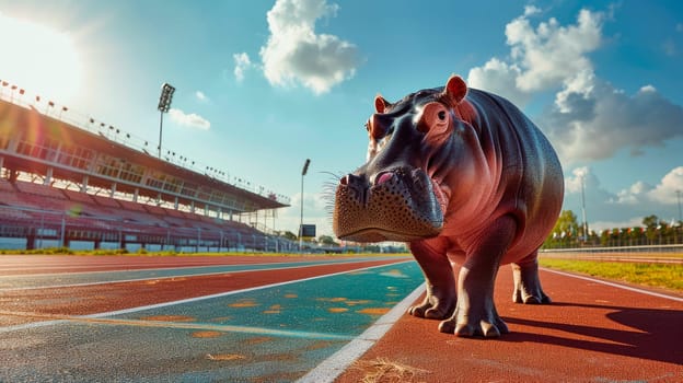 A  hippopotamus standing on the outdoors running track. Obesity fat sport cardio concept. AI generated
