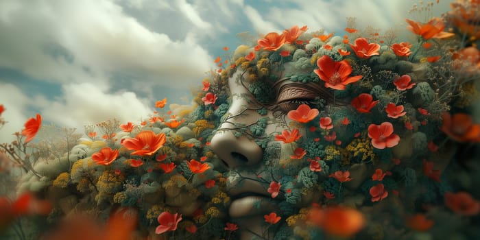 Human mind with flowers, positive thinking, creative brain, self care and mental health concept, consciousness and spiritualty