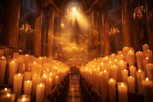 The soft illumination of candles in a chapel. Generative AI