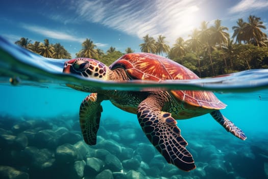 A giant sea turtle gliding through crystal-clear water. Generative AI