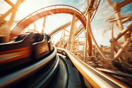 A dynamic shot of kinetic roller coasters speeding down steep drops. Generative AI