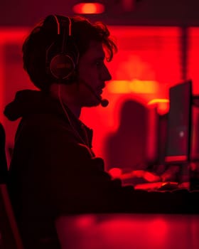 Illustration of call center worker doesn't look convincing in the image which has red tint to symbolize danger. It reflects the current problem of criminals calling to defraud victims in many forms.