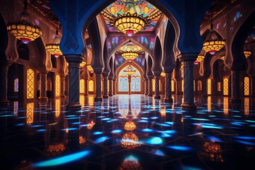 A mosque's interior beautifully decorated with lights. Generative AI