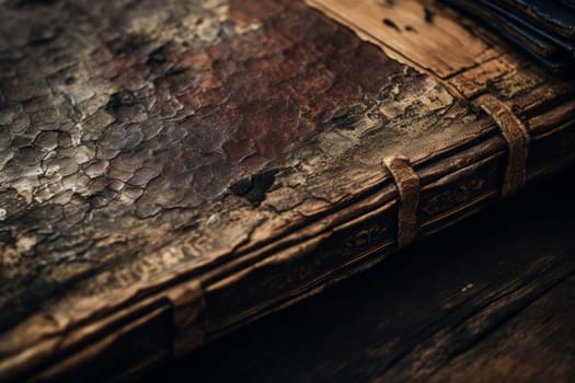 A detailed shot of the texture of an old, weathered book. Generative AI