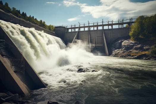 A dynamic shot of a hydroelectric dam generating clean energy from flowing water. Generative AI