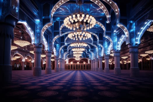 A mosque's interior adorned with festive lights for Eid. Generative AI