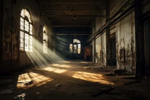 Dramatic contrast of light and shadow in an abandoned building. Generative AI