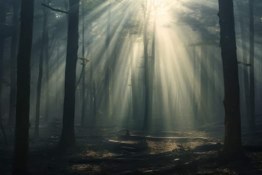 A scenic view of light streaming through misty forests. Generative AI