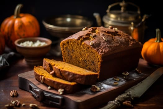 A slice of homemade pumpkin bread. Generative AI