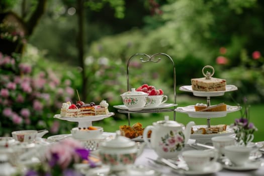 A table adorned with exquisite plates of food and delicate cups of tea, set in an elegant afternoon tea setting within an old estate.
