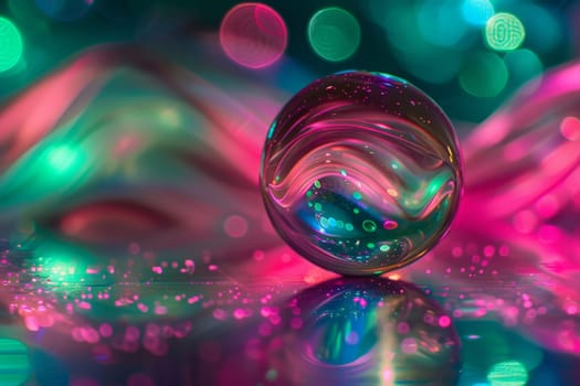 A crystal orb delicately balances on a shimmering surface, creating mesmerizing reflections and captivating distortion of light.