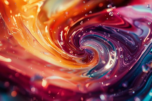 Close-up of a captivating mix of oil and water colors swirling together, accented by sparkling water droplets.