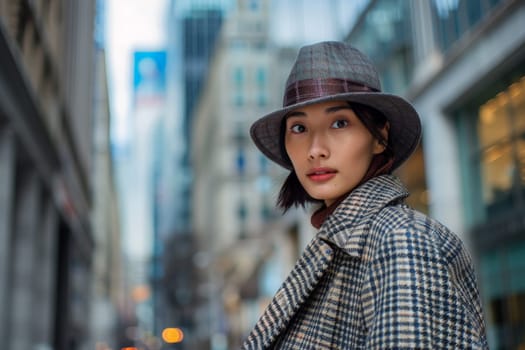 A stylish woman in a hat and coat stands confidently on a bustling city street, exuding sophistication and grace.