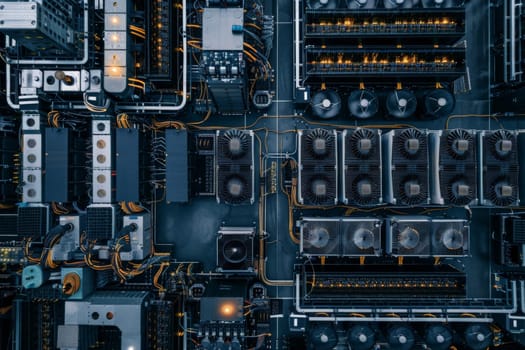 Overhead view capturing the complex layout of a sprawling data center during the evening hours.