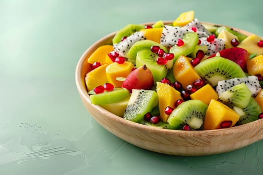 A wooden bowl overflows with a colorful array of fresh, juicy fruits, skillfully cut and ready to be enjoyed.