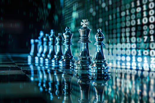 An elegant glass chess set in the midst of a competitive game, with various pieces strategically positioned on the board.