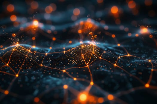 A dark backdrop illuminated by intricate lines and dots forming a glowing neural network diagram showcasing connectivity and energy flow.
