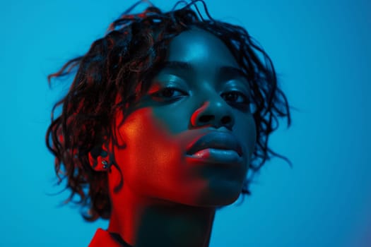 A tight shot of a person surrounded by a vibrant blue background, exuding a sense of mystery and depth.