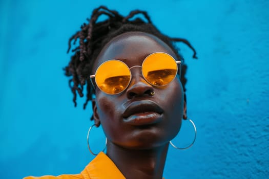 A woman styled in a yellow shirt and yellow sunglasses, radiating a bright and colorful energy.