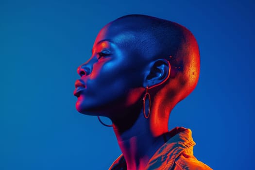 A woman bathed in striking blue and red lighting, creating a mesmerizing contrast on her face.