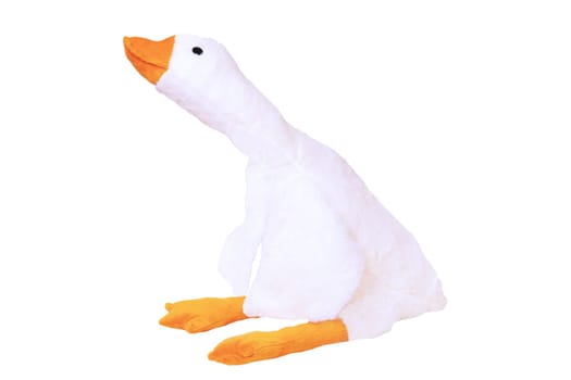 Childrens toy stuffed animals. Soft white plush toy duck for kids isolated on a white background. Duck teddy toy. White duck for playing.