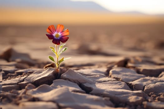 A close up of a flower blooming in a barren desert, symbolizing resilience and hope