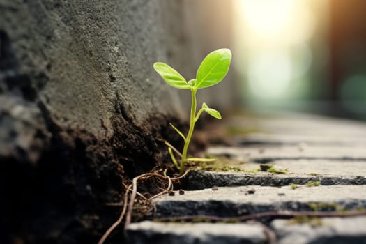 A close up of a sprout emerging from a crack in a stone wall, representing resilience