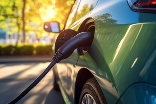 A close-up of an electric car being charged at a charging station