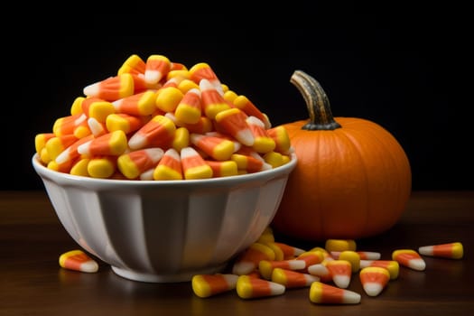 A bowl of candy corn with a Halloween pumpkin