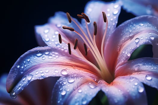 A close up of water droplets on a flower petal, capturing the delicate interplay of light