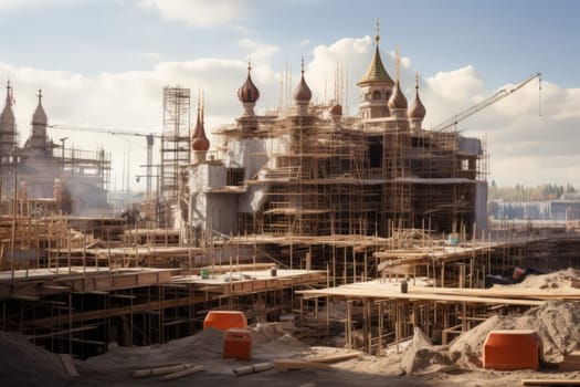 A construction site with unfinished architectural landmarks taking shape