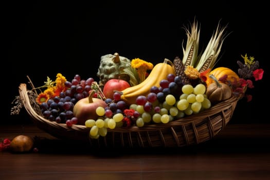 A decorative cornucopia filled with harvest fruits
