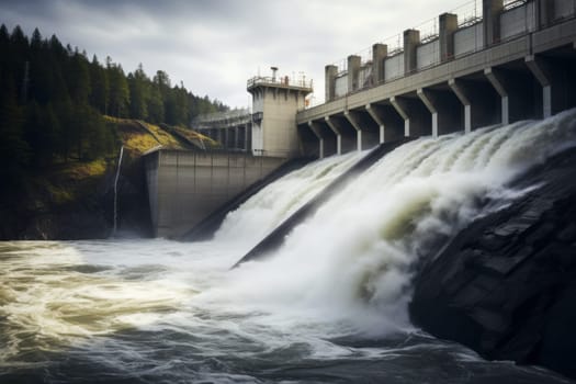 A dynamic shot of a hydroelectric dam generating clean energy from flowing water