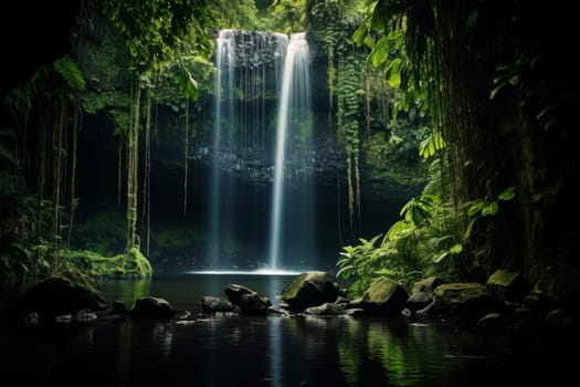 A dramatic reflection of a majestic waterfall framed by lush greenery