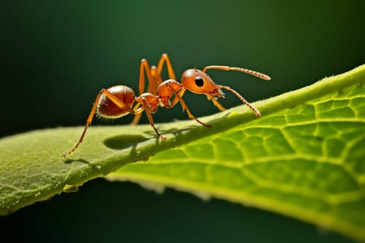 A detailed shot of a busy ant carrying a leaf many times its size