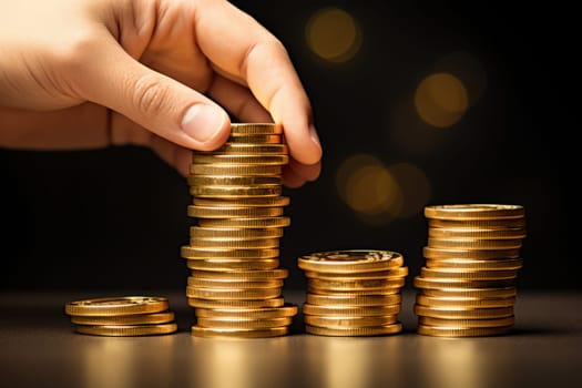 A hand placing a gold coin onto a growing stack of gold bars