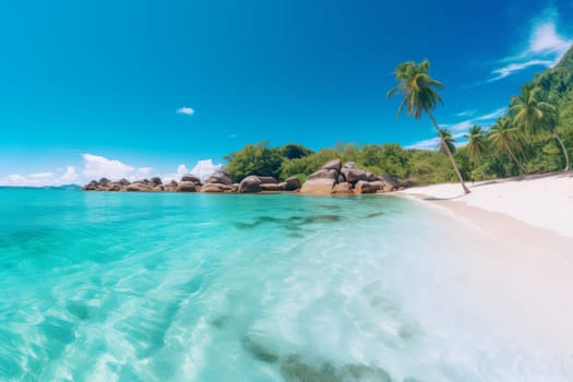 Serene beach with crystal clear waters, perfect for wanderlust themed content