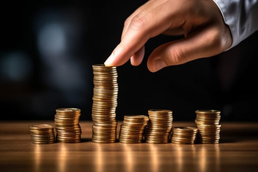 A hand adding a coin to a growing stack on an economic report
