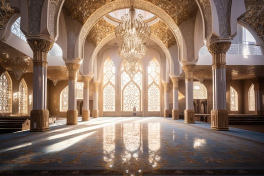 A mosque's interior beautifully adorned for Eid