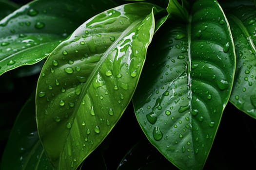 Raindrops on vibrant green leaves