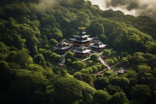Serene Buddhist Temple in Forests. Generative AI