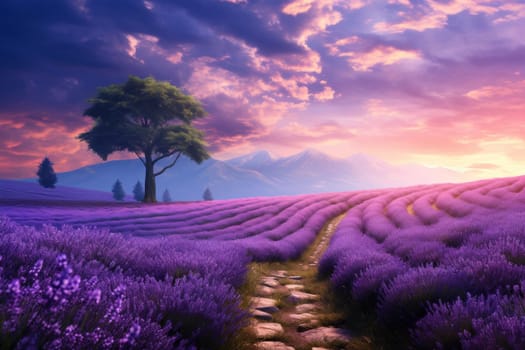 Tranquil Lavender Road Landscape. Generative AI
