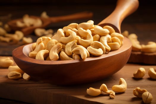 Cashew Nuts in Scoop with Wooden Background. Generative AI