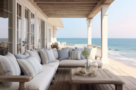 Cozy couch on a rustic wooden porch. Generative AI