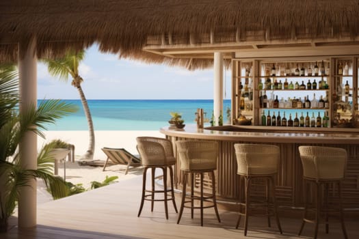 A beachfront bar with a view of crystal clear waters and glasses of rum punch. Generative AI