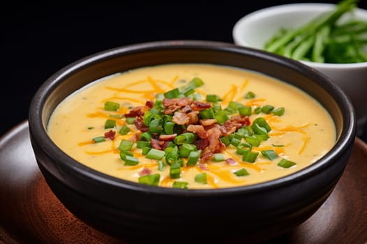 A bowl of creamy bacon and cheddar soup. Generative AI