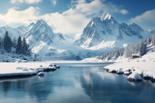 Calm Winter Lake Amid Snowy Peaks. Generative AI